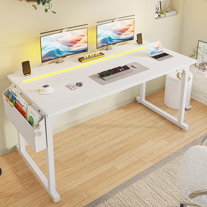 55 Inch White Computer Desk with LED Lights, Office Desk with Storage Bag for Home Office, Gaming Desk with Headphone Hook for Study Writing Work Desk,Sturdy Metal Frame