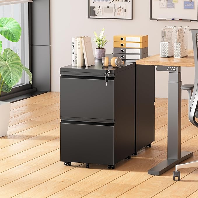 Pataku 2 Drawer File Cabinet, Small File Cabinets with Lock, Metal Rolling Filing Cabinet with 2 Drawer, Filing Cabinets for Home Office Fit A4/Letter/Legal, Easy Assembled, Black