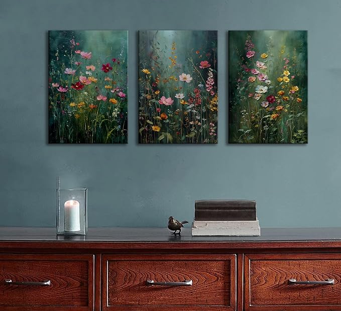 3Pcs Dark Green Floral Canvas Wall Art Moody Wildflowers Poster Prints Vintage Nature Rustic Botanical Flowers Pictures for Bedroom Living Room Office Bathroom Wall Decor 12x16in Framed
