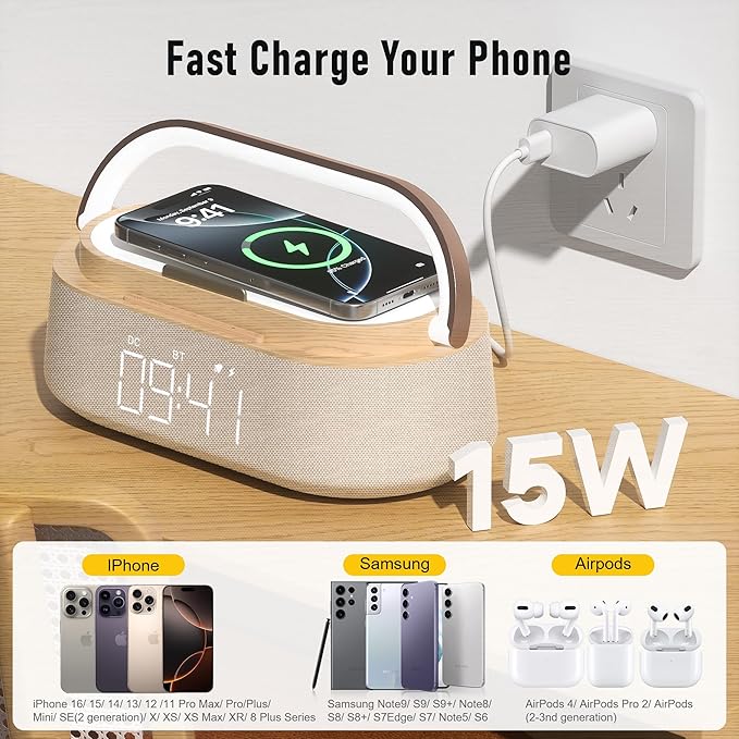FREEFISH Bluetooth Speaker with Wireless Charge FM Radio 2500mAh Battery, LED Night Light Suitable for Home,Bedroom,Office,Gifts