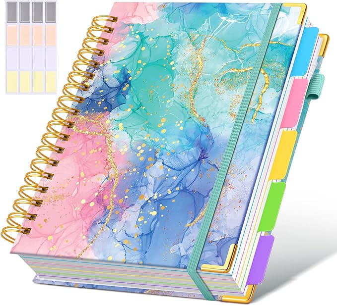 Hardcover Spiral Notebook Journal with Removable Dividers Tabs, 300 Pages 5 Subject Notebook College Ruled, 100GMS Notebooks for Work School Note Taking,Lined Journal for Women,Pink Blue Marble