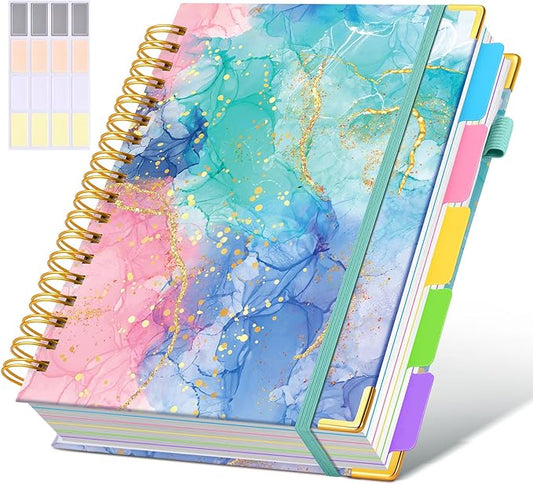 Hardcover Spiral Notebook Journal with Removable Dividers Tabs, 300 Pages 5 Subject Notebook College Ruled, 100GMS Notebooks for Work School Note Taking,Lined Journal for Women,Pink Blue Marble