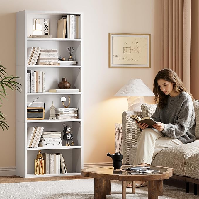 YESHOMY Industrial 6 Tier Bookcase, 71" Tall White Bookshelves Open Frame, Basic Floor Standing Bookcases & Bookshelf for Home Office, Living Room, Bed Room