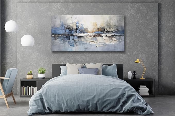 VHMING Abstract Wall Art Wall Decor Blue and Gray White Modern Canvas Wall Paintings Abstract Artwork for Living Room Bedroom Bathroom Office Home Decor Can Be Hung Directly 29"x 58"