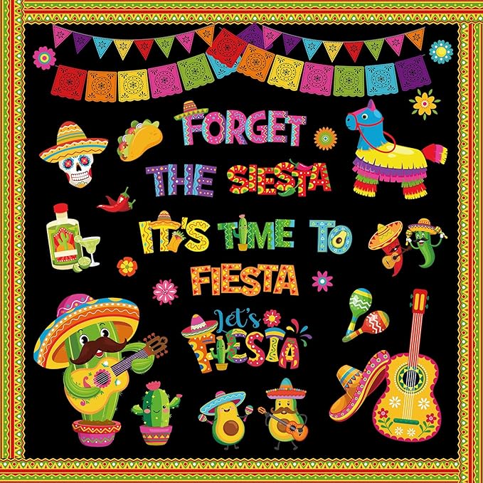 16 Sets Mexican Fiesta Bulletin Board Decoration Cinco De Mayo Cutouts Cactus Taco Mexican Fiesta Classroom Bulletin Board Cutouts Set with Adhesive Dots for Cinco De Mayo Class Home Decor