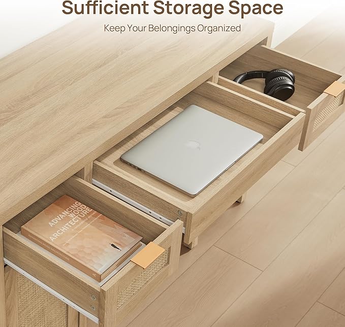 SICOTAS Rattan Executive Desk with Storage - Larger Home Office Desk with Drawers and Cabinets, Farmhouse Boho Computer Table Vanity Desk for Study, Office, Living Room, Light Oak (2 Pieces)