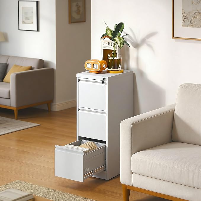 3 Drawer File Cabinet, Metal Vertical Filing Cabinet for Home Office, Locking Steel Easy Assemble 18" D File Cabinets for Legal/Letter/A4/F4 (White)