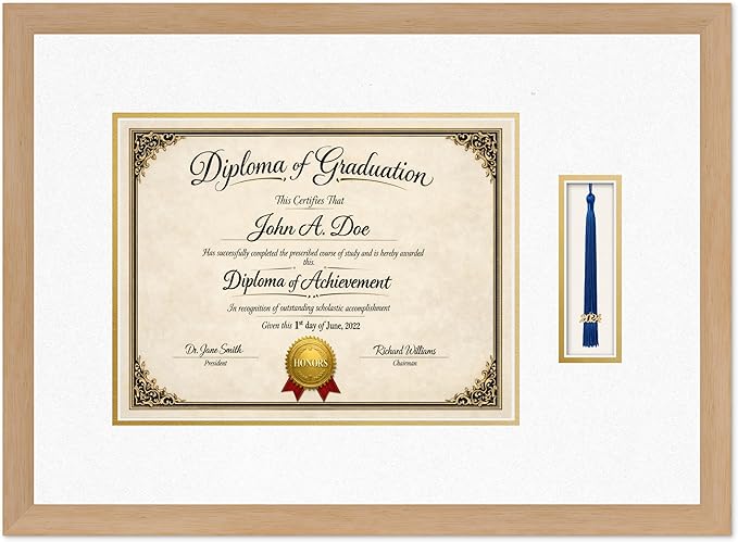 Diploma Frame with Tassel Holder Natural Wood Shadowbox Oyster Shell Over Gold Mat - Fits 13 x 10 Degree Made in the USA