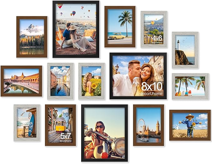 decorUhome Assorted Picture Frames Collage Wall Decor for Photo Gallery Display Set of 15 Including Three 8x10 / Six 5x7 / Six 4x6 for Family Wall Decor, Black/Brown/Grey, 15 Pack