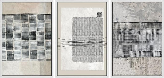 SIGNWIN Framed Canvas Print Wall Art Set Black Tan Industrial Line Art Pattern Abstract Shapes Cozy Neutral Decorative Contemporary Minimal for Living Room, Bedroom, Office - 24"x36"x3 White