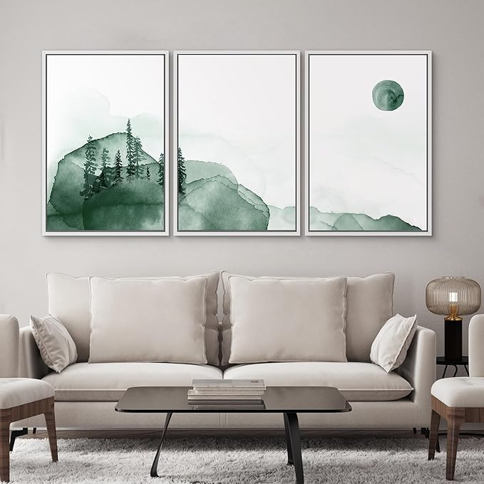 SIGNWIN 3 Piece Framed Canvas Wall Art Green Watercolor Landscape with Moon Nature Wilderness Illustrations Abstract Traditional Home Artwork Decoration for Living Room,Bedroom - 16"x24"x3 White