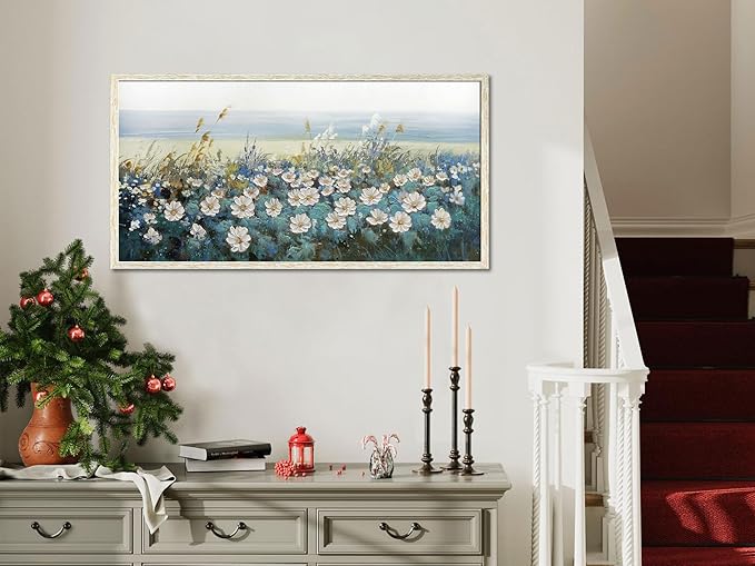 Arjun Flower Wall Art Canvas Framed Daisy Floral Textured Painting for Living Room, Bedroom Picture Artwork Dining Room Office Home Wall Decor, Large 40"x20"