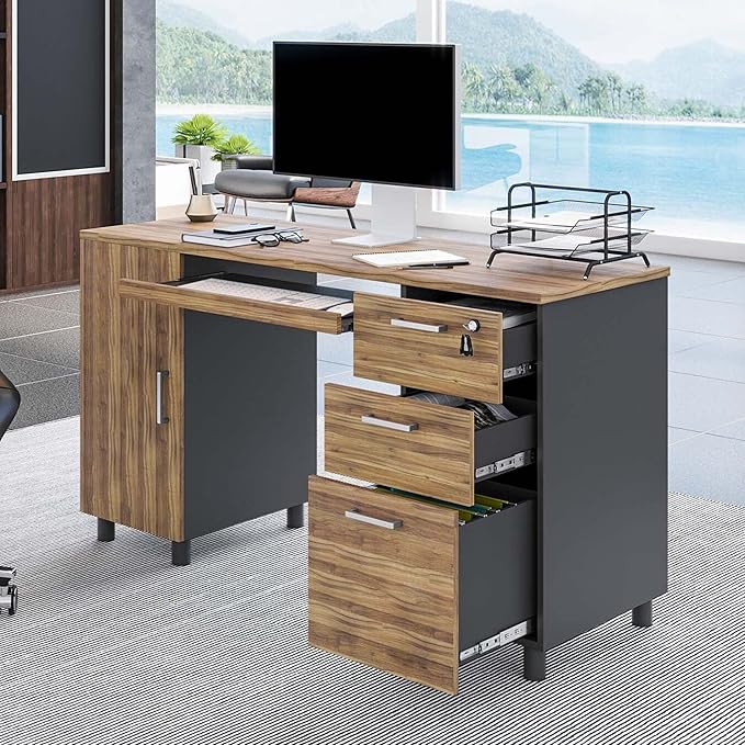 Modern Design Venice Computer Office Desk with 3 Locking Drawers and Storage Cabinet, 53 Inch Home and Office Executive Walnut and Black Desk with Keyboard Tray by Crafts and Comfort