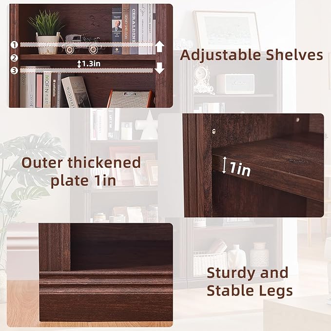 70" Walnut Tall Bookshelf Set of 4,5-Tier Thick Wooden Book Shelf with Adjustable Shelves,Free Standing Farmhouse Bookcase with Open Display Storage,Floor Vintage Bookshelves for Living Room