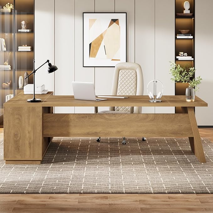 Tribesigns Modern L-Shaped Executive Desk, 78.7" L x 31.5" W x 29.5" H, Brown, 3 Drawers, 2 Shelves, Scratch Resistant, Home Office Desk