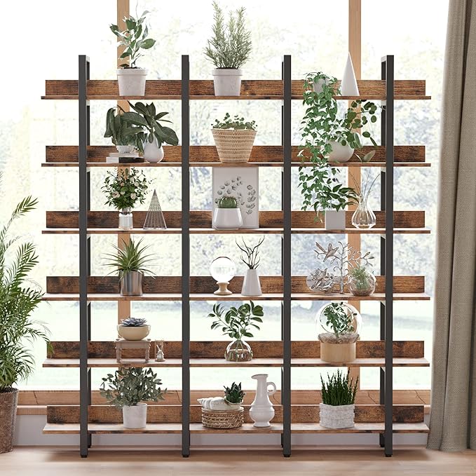 IRONCK Bookcase and Bookshelves Triple Wide 6 Tiers Large Open Shelves, Etagere Bookcases with Back Fence for Home Office Decor, Easy Assembly, Vintage Brown