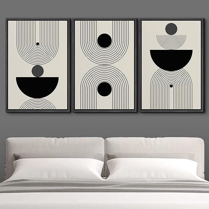 IDEA4WALL Framed Canvas Print Wall Art Set Geometric Dark Circle Striped Polygon Collage Abstract Shapes Illustrations Modern Art Decorative Nordic for Living Room, Bedroom, Office - 16"x24"x3 Black