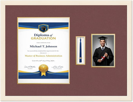 Diploma Tassel and Photo Frame Coastal Whitewash Shadowbox Dark Red Over Gold Mat - Fits 11 x 14 Degree Picture Made in the USA