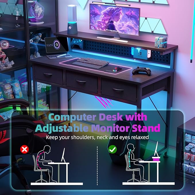MUTUN Computer Desk with Drawers, 40 Inch Computer Desk with Power Outlet & LED Light, Gaming Desk with Adjustable Monitor Stand & Pegboard, Modern PC Study Writing Table for Bedroom, Black