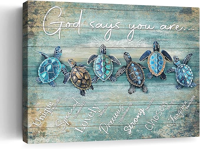 Farmhouse Sea Turtle Wall Art Inspirational Bible Verse Wall Art God Says You Are Motivational Scripture Quotes Wall Decor Sea Turtle Canvas Print Framed Artwork for Bathroom Living Room Docer 12"x16"