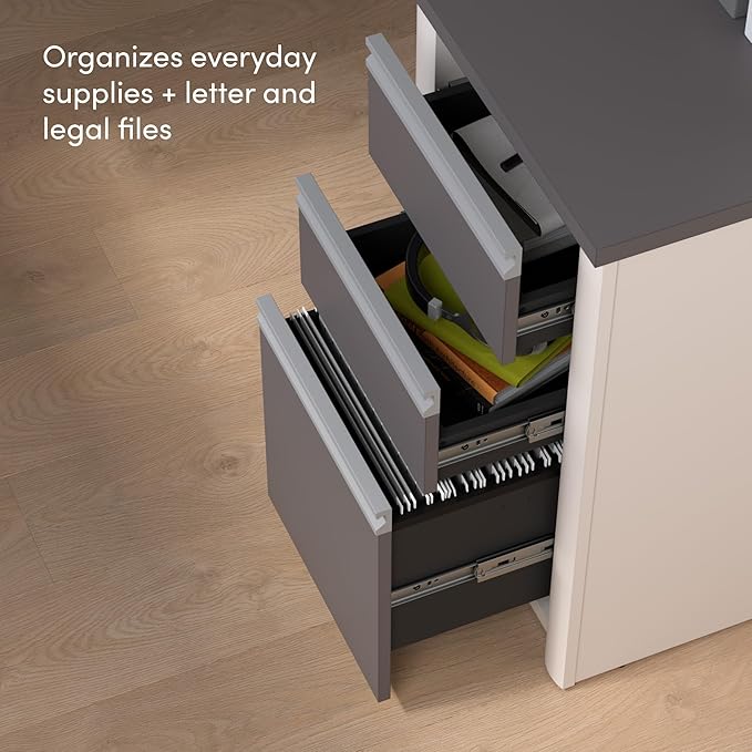 Bestar Connexion L Shaped Desk with Hutch and Pedestal in Slate and Sandstone, 72W | Large Corner Table for Home Office Workspace or Personal Work Area