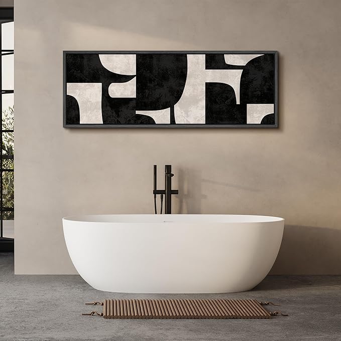 SIGNFORD Large Framed Canvas Black and Beige Geometric Abstract Mid-Century Illustrations Modern Art Calm Warm for Living Room, Bedroom, Office - 60"x20"