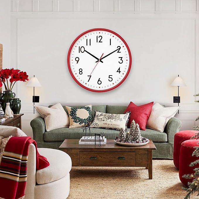 HZDHCLH Wall Clock Red,Silent Wall Clocks Battery Operated 8 Inch Modern Non Ticking Analog Clock Decorative for Kitchen Bedroom Living Room Office Classroom
