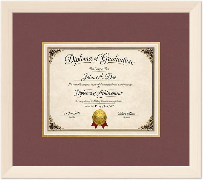 Diploma Frame Coastal Whitewash with Dark Red Over Gold Double Mat - Fits 10 x 8 Professional License Wall Display Made in the USA