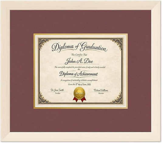 Diploma Frame Coastal Whitewash with Dark Red Over Gold Double Mat - Fits 10 x 8 Professional License Wall Display Made in the USA