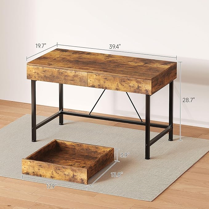 VERMESS 40 Inch Solid Wood Desk with Drawers, Small Computer Desk for Small Space,Modern Makeup Vanity Desks No Mirror, Writing/Study/Work Table for Home Office, Kids Desks for Bedroom, Rustic Brown