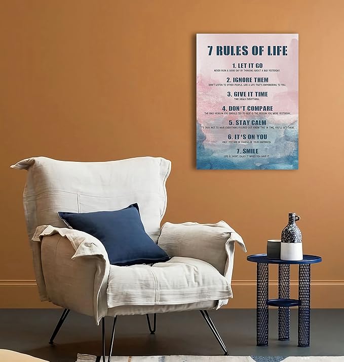 7 Rules Of Life Canvas Decoration Painting, Inspirational Motto Canvas Wall Art,Home，Workplace ，Bedroom decoration ,Tabletop/Hanging (29x38cm)Framed