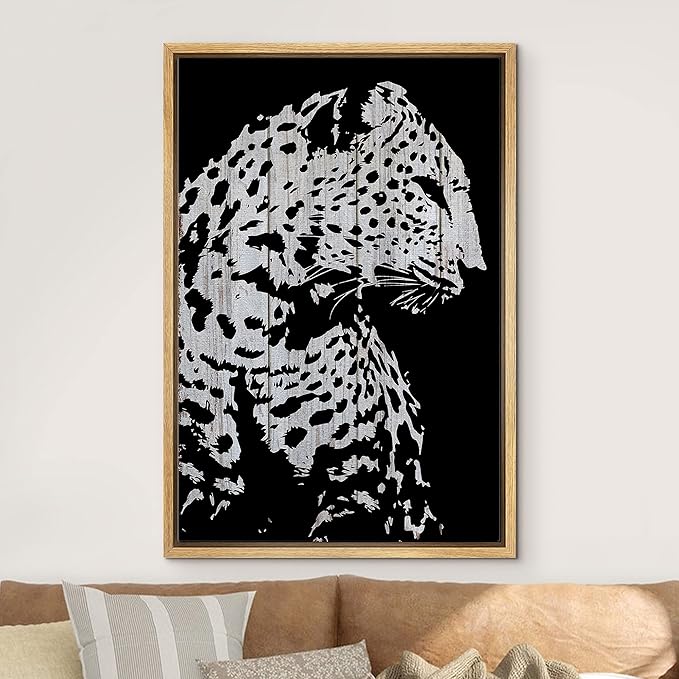 IDEA4WALL Framed Canvas Print Wall Art Grayscale Spotted Leopard Profile on Wood Panels Animals WildLife Illustrations Modern Art Tropical Portrait for Living Room, Bedroom, Office - 24"x36" NATURAL