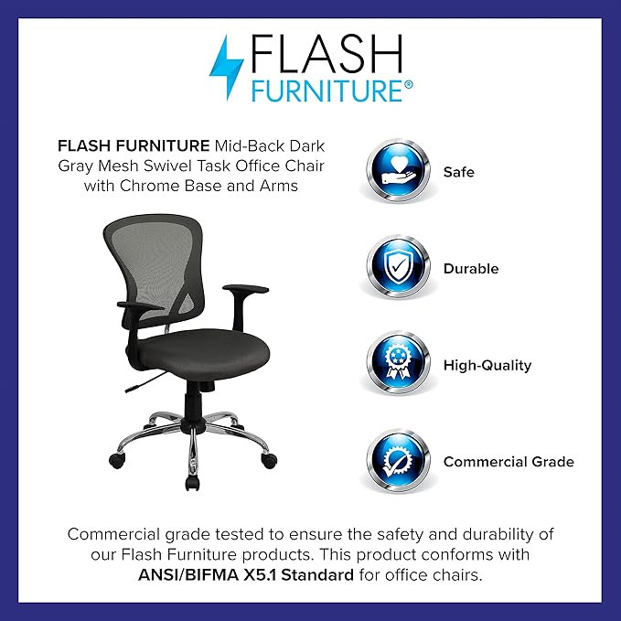 Flash Furniture Alfred Mid-Back Dark Gray Mesh Swivel Task Office Chair with Chrome Base and Arms