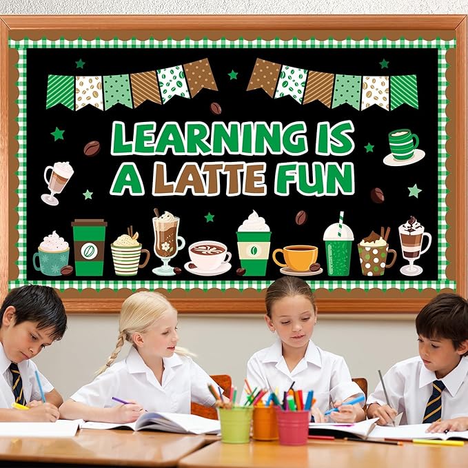 gisgfim Coffee Bulletin Board Decorations Set Coffee Cup Theme Classroom Decor Latte Paper Cutouts Learning Motivational Inspirational Positive Bulletin Board for Back to School Home Chalkboard Wall