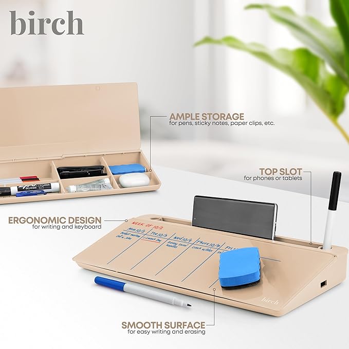Birch Small Desktop Whiteboard – Glass Dry Erase Board Desk Pad Keyboard Stand with Storage Compartment Adjustable Dividers 3 Markers, Eraser & Holder – Perfect for Office, Home, & School (Sand)