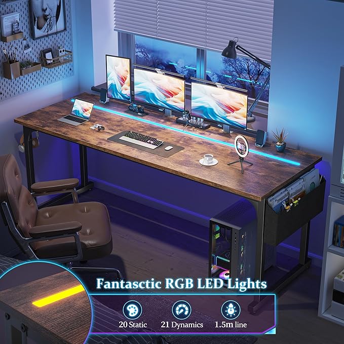 71 Inch Computer Desk with LED Lights, Office Desk for Home Office, Study Desk Writing Table with Storage Bag, Headphone Hook, Rustic Brown