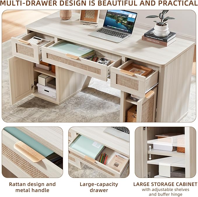 LEYAOYAO Office Desk 56" with 5 Drawers Storage File Cabinet Rattan Wood Desk for Computer Office Bedroom Home Furniture Light Gray