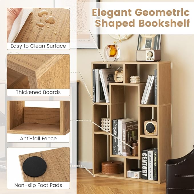 Tangkula 35.5” Geometric Bookshelf, Freestanding Wood Open Bookcase with 7 Cubes, Anti-Toppling Devices, Home Office Décor Rectangular Storage Shelf Display Rack for Study Living Room (2, Natural)