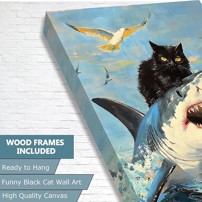 Framed Black Cat Wall Art, Ocean wall art, Funny Cat Shark Turtle Starfish Pictures Canvas Wall Decor for Bedroom Living Room Bathroom(Framed, 12x16in, Set of 3)