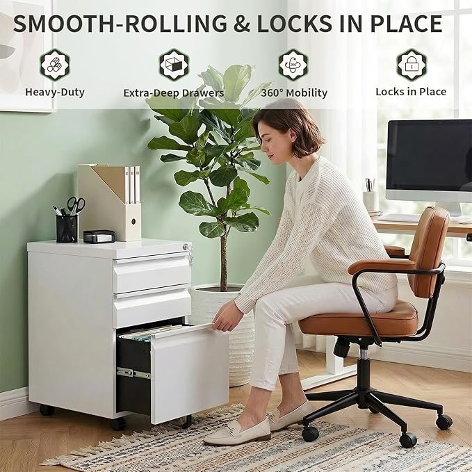 3 Drawer Metal File Cabinet with Lock, Fully Assembled Rolling Filing Cabinet for Home Office, Mobile Under Desk Storage with Wheels, Fits Letter/Legal/A4 Files,White