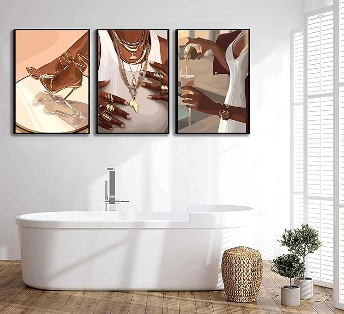 3PCS Black Woman Canvas Wall Art,Black Girl Poster Fashion Girl Abstract Pictures Prints Boho Black Female Paintings African American Woman for Nordic Minimalist Room Bedroom Wall Decor Unframed