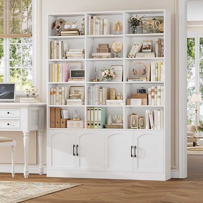 FACBOTALL 82.3" Triple Wide Bookshelf, 7-Tier Tall Bookcase with 15-Cube Open Bookshelf & 4 Doors, Large Bookshelf with Storage Cabinet, Modern Bookshelf for Living Room, Office, Study Room, White