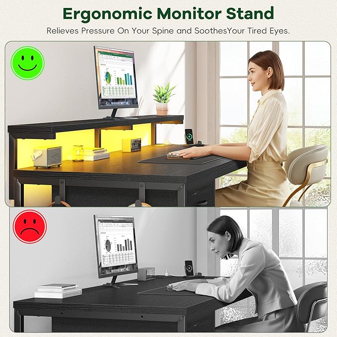 47.2" Gaming Desk with Power Outlet and LED Lights,Computer Desk with Adjustable Monitor Stand and Drawer,Office Desk with CPU Stand for Home Work,Study and Gaming, Small Spaces,Black