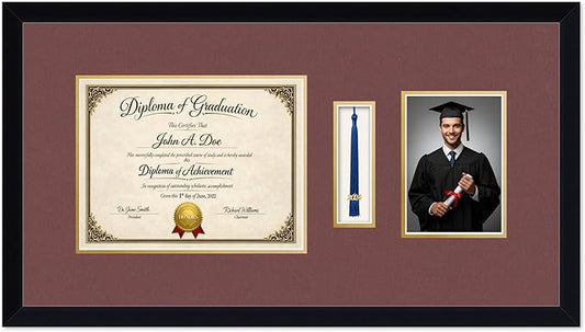 Diploma Tassel and Photo Frame Matte Black Shadowbox Dark Red Over Gold Mat - Fits 11 x 8.5 Degree Picture Made in the USA
