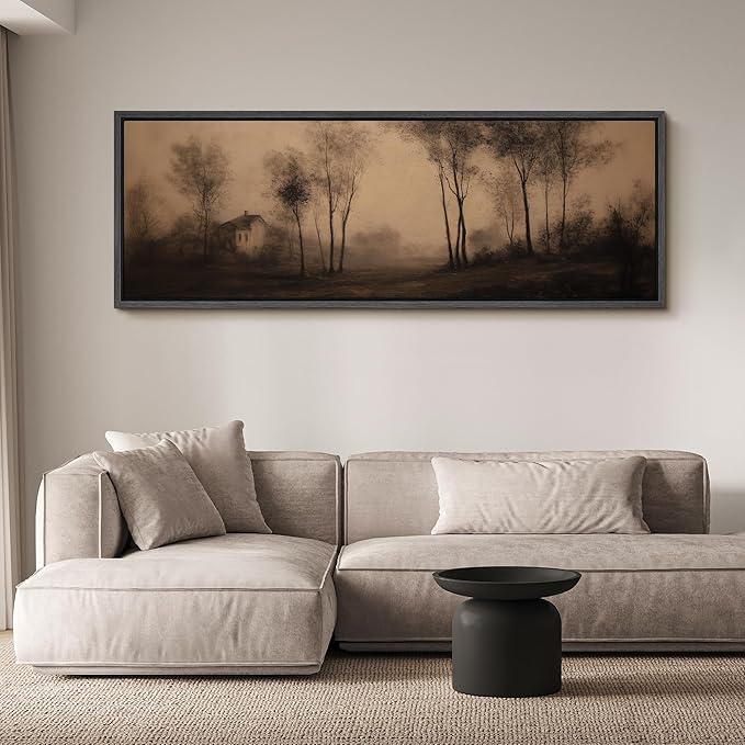 SIGNFORD Large Framed Canvas Print Wall Art Vintage Sepia Countryside Trees and Cottage Illustrations Modern Art Calm Warm for Living Room, Bedroom, Office - 60"x20"