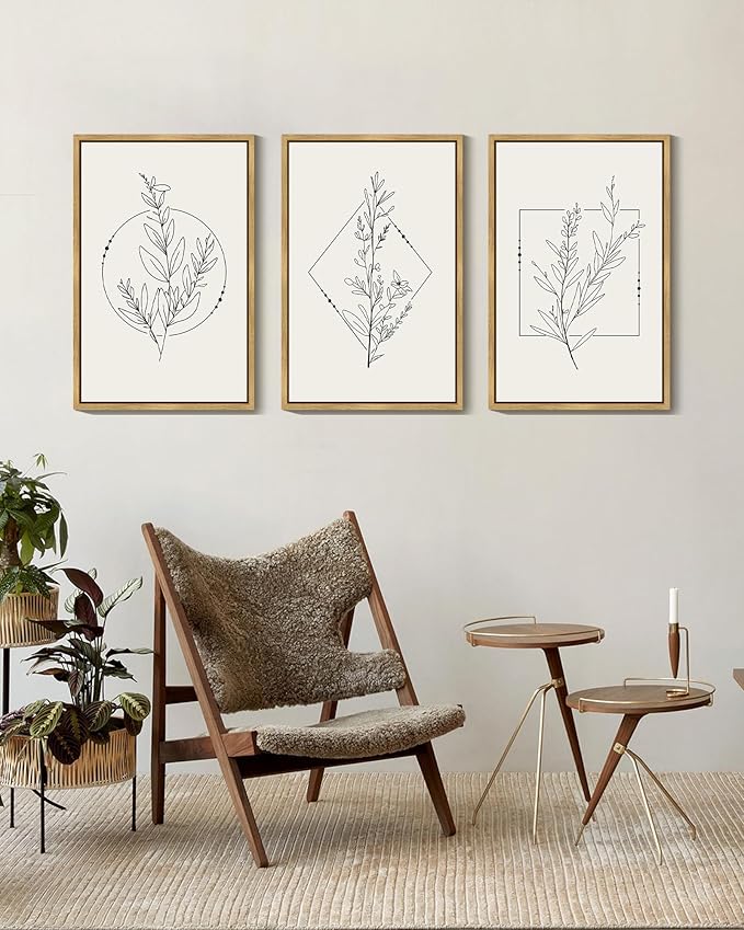 Drsoum Minimalist Flower Wall Art Vintage Wall Hanging Decor Black Line Botanical Prints Artwork for Bedroom Living Room Hallway 16x24in Natural Framed