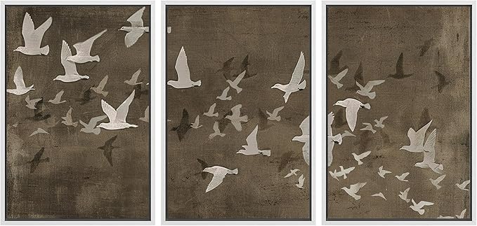 MUDECOR Framed Wall Art Print Set Flock of Abstract Birds in Flight Earthy Tones Illustrations Modern Art Boho Decorative Colorful Chic for Living Room, Bedroom, Office - 16"x24"x3 White