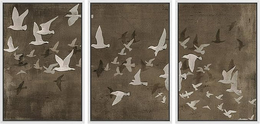 MUDECOR Framed Wall Art Print Set Flock of Abstract Birds in Flight Earthy Tones Illustrations Modern Art Boho Decorative Colorful Chic for Living Room, Bedroom, Office - 16"x24"x3 White