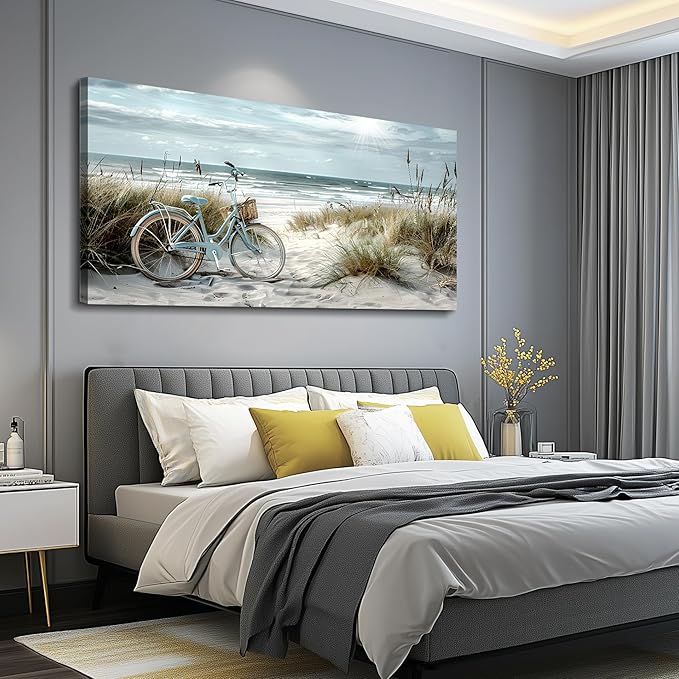 FUHAIHUA Wall Art For Living Room Canvas Decor For Bedroom Modern Office Decorations Blue Beach Bicycle Seascape Paintings Ocean Landscape Pictures Artwork Ready To Hang Home Decor