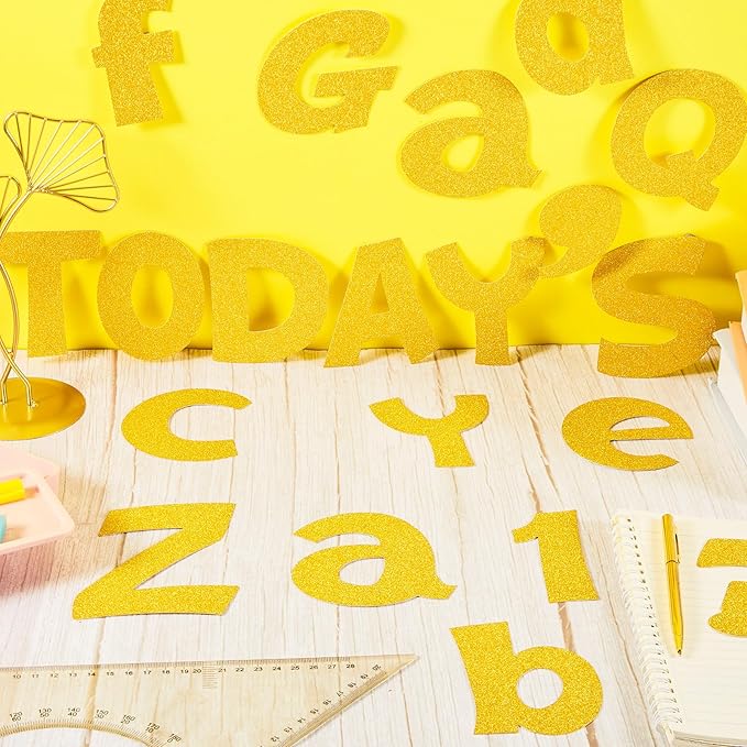 Colarr 216 Pcs Glitter Bulletin Board Letters for Classroom Number Alphabet Punctuation Symbol Cutout 4'' Die-Cut Poster Letter with Adhesive Dot School Party Holiday Decor Display(Gold)